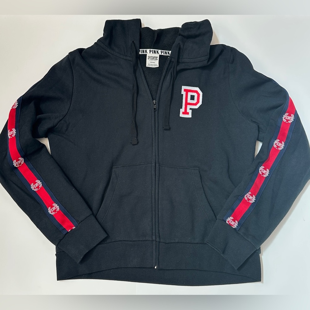 PINK Victoria's Secret Black Zip-Up Hoodie with Red Logo
